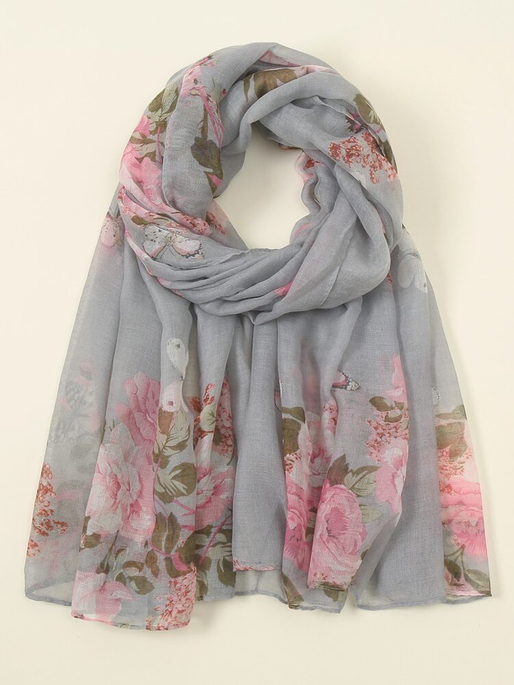 Grey and Pink Floral Comfort Shawl