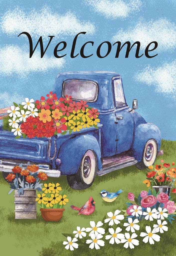 Welcome Garden Flag with Blue Truck and Flowers